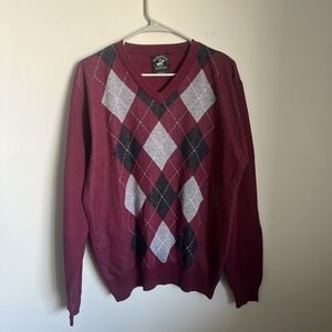 Beverly Hills Polo Club Sweater Mens Maroon Black Gray Argyle Diamond V-Neck L